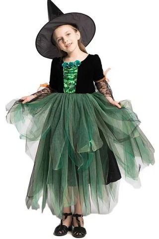 Costume Halloween - Costum de vrajitoare pentru fetite, cu palarie conica, bagheta, masca, ideal pentru petreceri mascate, Halloween, zile de nastere