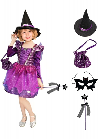 Costume Halloween - Costum de vrajitoare pentru Fetite – Rochita de Vrajitoare Mov cu Accesorii, Palarie, Bagheta, Saculet Dulciuri, REIWIDE, marime 130