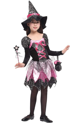 Costume Halloween - Costum de Vrajitoare pentru fetite, Willheoy, set din 4 piese - Rochie, Palarie, Bagheta si Gentuta, tinuta cosplay, Halloween, petrecere, bal mascat