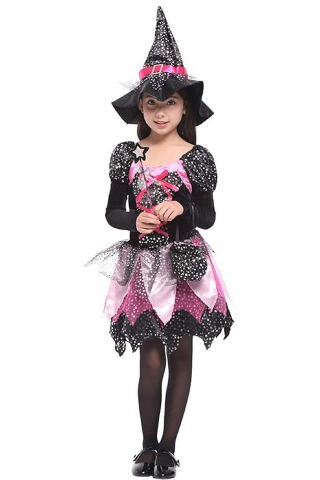 Costum de Vrajitoare pentru fetite, Willheoy, set din 4 piese - Rochie, Palarie, Bagheta si Gentuta, tinuta cosplay, Halloween, petrecere, bal mascat [4]