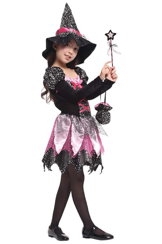 Costum de Vrajitoare pentru fetite, Willheoy, set din 4 piese - Rochie, Palarie, Bagheta si Gentuta, tinuta cosplay, Halloween, petrecere, bal mascat [2]