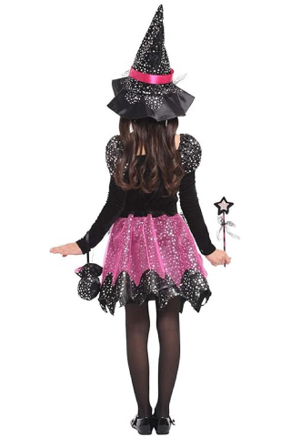 Costum de Vrajitoare pentru fetite, Willheoy, set din 4 piese - Rochie, Palarie, Bagheta si Gentuta, tinuta cosplay, Halloween, petrecere, bal mascat [1]