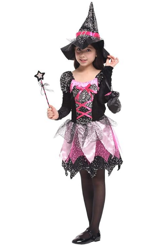 Costum de Vrajitoare pentru fetite, Willheoy, set din 4 piese - Rochie, Palarie, Bagheta si Gentuta, tinuta cosplay, Halloween, petrecere, bal mascat [3]