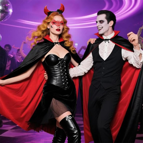 Costum diavolita femei cu pelerina reversibila rosu si negru si accesorii Halloween [5]