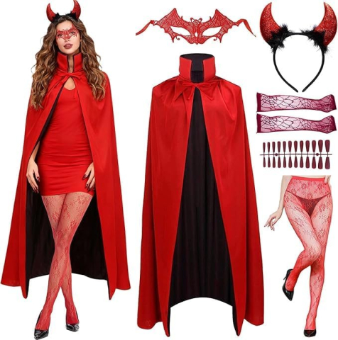 Costume Carnaval - Costum diavolita femei cu pelerina reversibila rosu si negru si accesorii Halloween