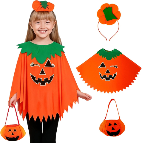 Costume Carnaval - Costum dovleac pentru copii cu poncho, bentita si cosulet pentru bomboane.