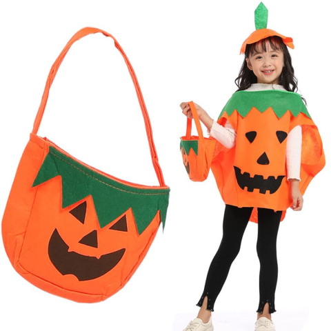 Costume Carnaval - Costum Dovleac Halloween pentru Copii, Set cu Pelerina, Bentita si Gentuta pentru Dulciuri, Portocaliu