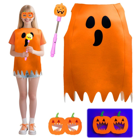 Costume Carnaval - Costum fantoma portocalie femei tip poncho din neopren cu ochelari si bagheta Halloween