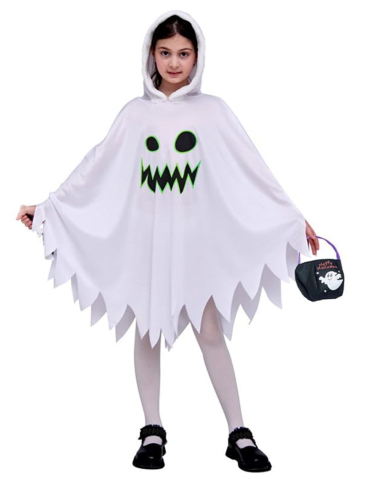 Costume Carnaval - Costum Fantoma Halloween pentru Copii, cu Elemente Glow in the Dark, Include Gentuta pentru Dulciuri, Alb, 7-9 Ani