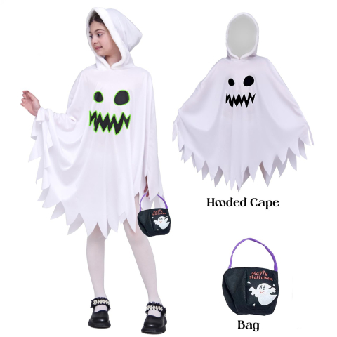 Costum Fantoma Halloween pentru Copii, cu Elemente Glow in the Dark, Include Gentuta pentru Dulciuri, Alb, 7-9 Ani [2]