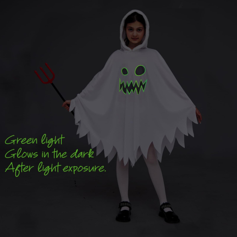 Costum Fantoma Halloween pentru Copii, cu Elemente Glow in the Dark, Include Gentuta pentru Dulciuri, Alb, 7-9 Ani [1]