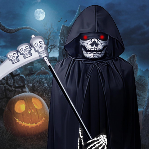 Costum Grim Reaper adult negru cu pelerina lunga 145 cm masca schelet coasa si manusi Halloween [4]