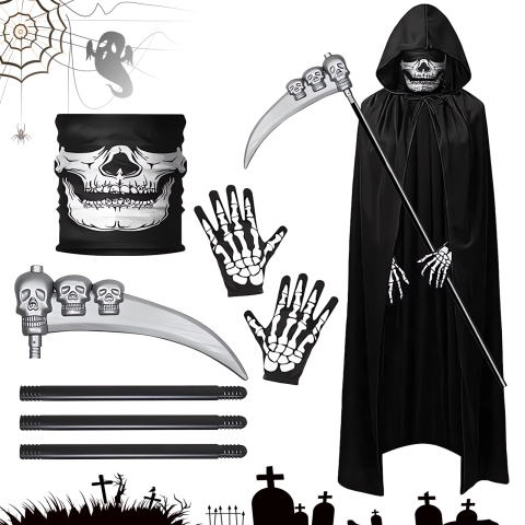 Costume Carnaval - Costum Grim Reaper adult negru cu pelerina lunga 145 cm masca schelet coasa si manusi Halloween