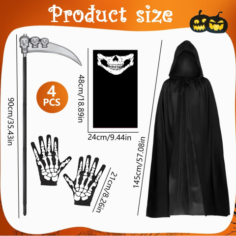 Costum Grim Reaper adult negru cu pelerina lunga 145 cm masca schelet coasa si manusi Halloween [3]
