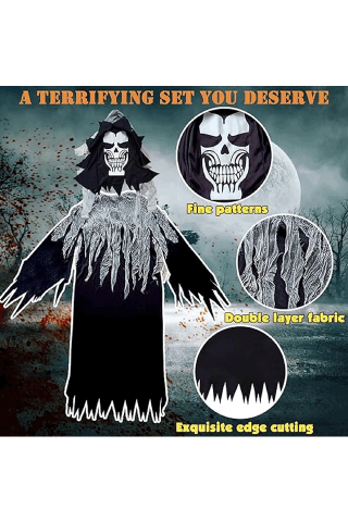 Costum Grim Reaper, set din 6 piese, BARVERE, Masca Moartea fioroasa, mantie, manusi cu schelet, coasa, sfoara si lant, tinuta cosplay, deghizare Halloween, petrecere, bal mascat [4]