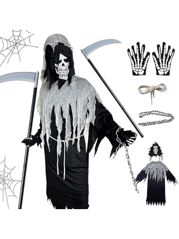 Costum Grim Reaper, set din 6 piese, BARVERE, Masca Moartea fioroasa, mantie, manusi cu schelet, coasa, sfoara si lant, tinuta cosplay, deghizare Halloween, petrecere, bal mascat [1]