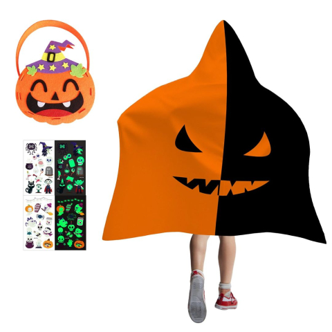 Costume Carnaval - Costum halloween copii pelerina dovleac cu gluga tatuaje glow si cosulet bomboane