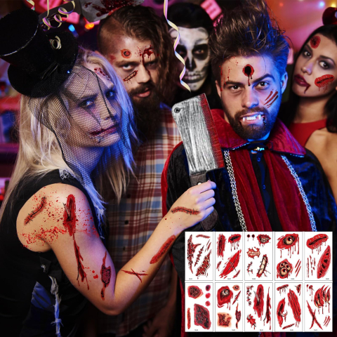 Costum macelar Halloween unisex cu sort insangerat, barda, satar si tatuaje cicatrici [2]