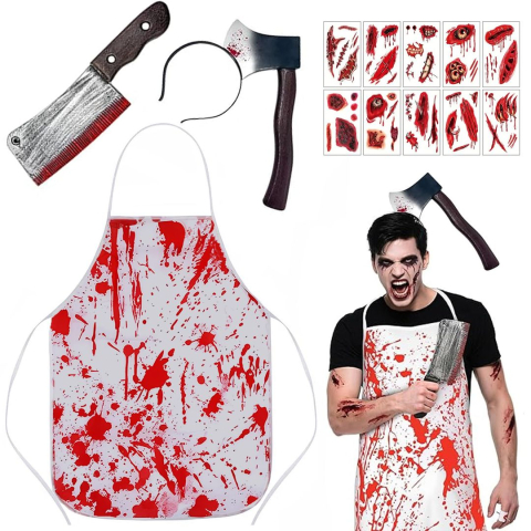 Costume Carnaval - Costum macelar Halloween unisex cu sort insangerat, barda, satar si tatuaje cicatrici