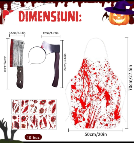 Costum macelar Halloween unisex cu sort insangerat, barda, satar si tatuaje cicatrici [1]