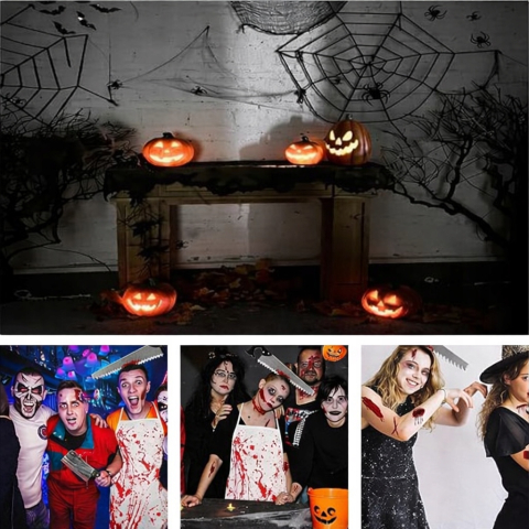 Costum macelar Halloween unisex cu sort insangerat, fierastrau, topor, satar si tatuaje cicatrici [4]