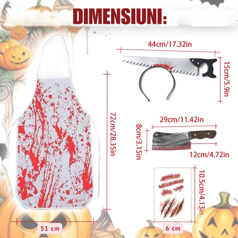Costum macelar Halloween unisex cu sort insangerat, fierastrau, satar si tatuaje cicatrici [1]