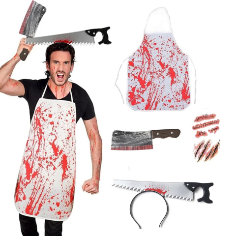 Costume Carnaval - Costum macelar Halloween unisex cu sort insangerat, fierastrau, satar si tatuaje cicatrici