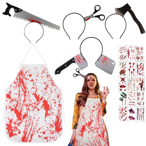 Costume Carnaval - Costum macelar Halloween unisex cu sort insangerat, fierastrau, topor, satar si tatuaje cicatrici