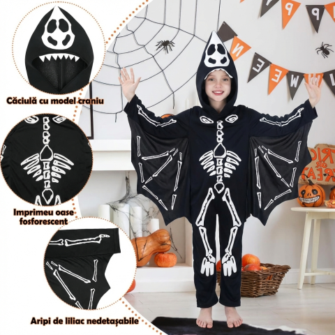 Costum Liliac Schelet Copii, Fosforescent – Strălucește în Întuneric -  Negru, Combinezon cu Glugă și Aripi Atașate, Marime L, 7-9 ani [2]
