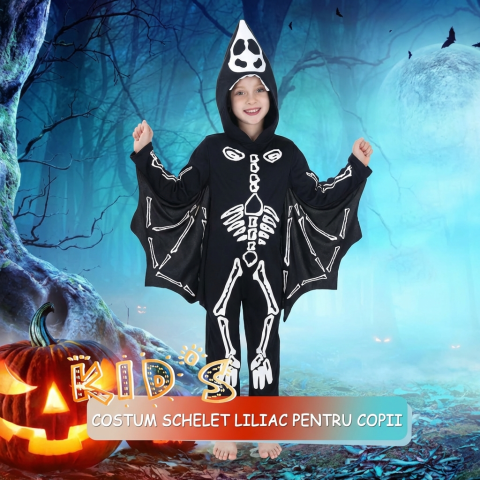 Costum Liliac Schelet Copii, Fosforescent – Strălucește în Întuneric -  Negru, Combinezon cu Glugă și Aripi Atașate, Marime L, 7-9 ani [6]
