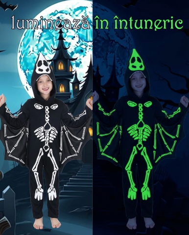 Costum Liliac Schelet Copii, Fosforescent – Strălucește în Întuneric -  Negru, Combinezon cu Glugă și Aripi Atașate, Marime L, 7-9 ani [7]