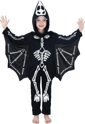 Costume Carnaval - Costum Liliac Schelet Copii, Fosforescent – Strălucește în Întuneric -  Negru, Combinezon cu Glugă și Aripi Atașate, Marime L, 7-9 ani