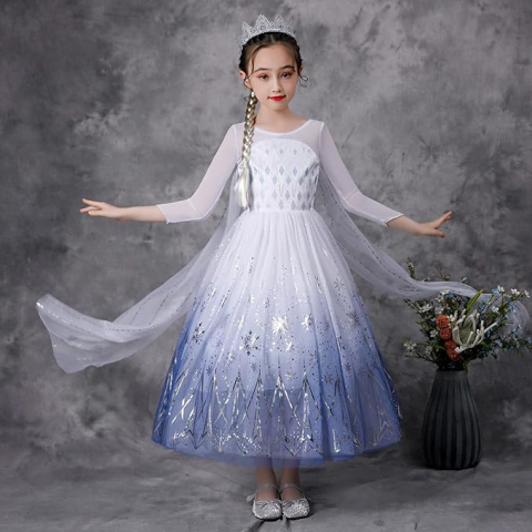 Costum Prințesa Elsa pentru Fete – Rochie Frozen cu Trena, Coroană și Baghetă Magică, Alb–Albastru, Marime 140 [3]
