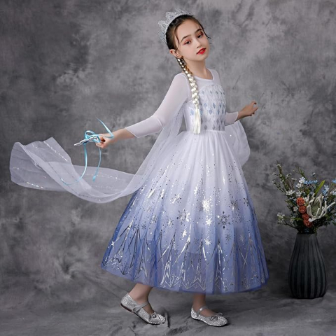 Costum Prințesa Elsa pentru Fete – Rochie Frozen cu Trena, Coroană și Baghetă Magică, Alb–Albastru, Marime 140 [1]