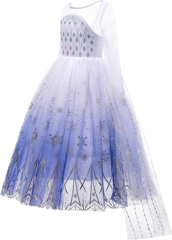Costum Prințesa Elsa pentru Fete – Rochie Frozen cu Trena, Coroană și Baghetă Magică, Alb–Albastru, Marime 140 [2]