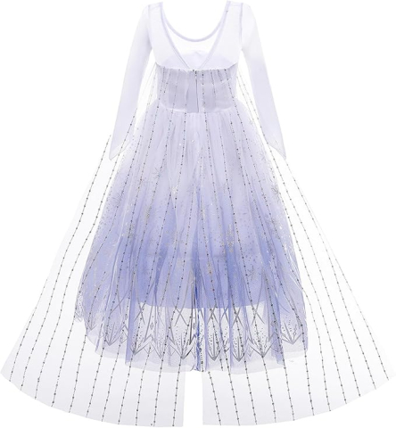 Costum Prințesa Elsa pentru Fete – Rochie Frozen cu Trena, Coroană și Baghetă Magică, Alb–Albastru, Marime 140 [4]