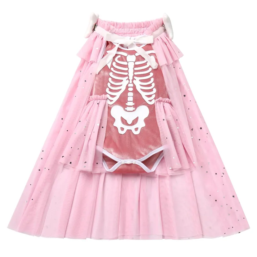 Costum schelet fetita cu capa din tulle pentru Halloween si carnaval