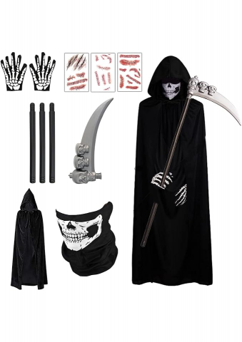 Costume Halloween - Costum Sensenmann BARVERE pentru Halloween & Carnaval, Unisex, cu guler pentru gat, Pelerină, Coasă și Mănuși