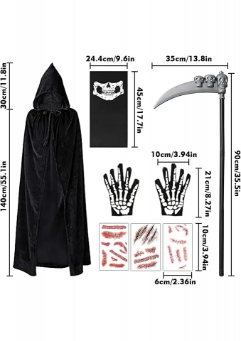 Costum Sensenmann BARVERE pentru Halloween & Carnaval, Unisex, cu guler pentru gat, Pelerină, Coasă și Mănuși [1]