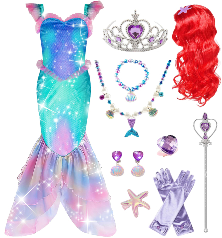 Costume Carnaval - Costum complet de sirena pentru copii cu rochie, peruca si accesorii.
