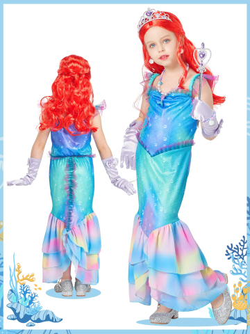 Costum complet de sirena pentru copii cu rochie, peruca si accesorii. [2]