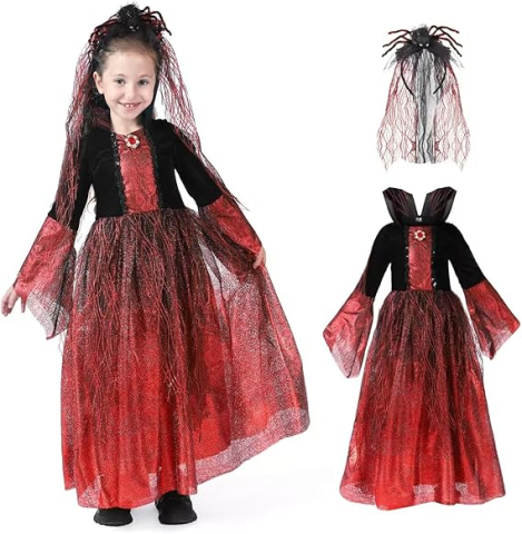 Costume Carnaval - costum-vampirita-copii-rosu-negru-coronita-paianjen-voal-halloween