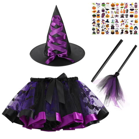Costume Carnaval - Costum vrăjitoare Halloween fete, Fustă tutu mov-negru, Pălărie și mătură, Set complet cosplay cu tatuaje temporare, Marime M, 4–6 ani
