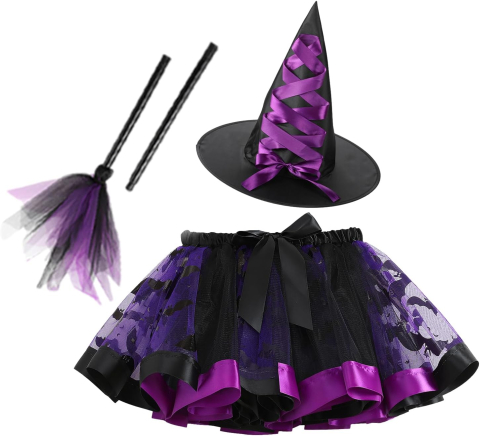 Costum vrăjitoare Halloween fete, Fustă tutu mov-negru, Pălărie și mătură, Set complet cosplay cu tatuaje temporare, Marime M, 4–6 ani [5]