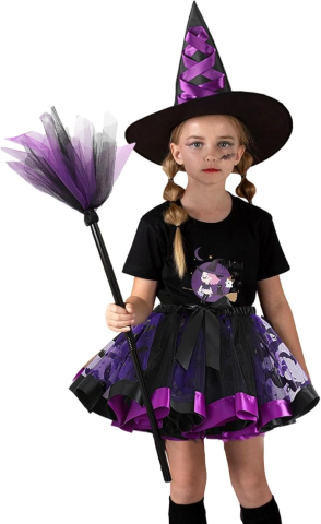 Costum vrăjitoare Halloween fete, Fustă tutu mov-negru, Pălărie și mătură, Set complet cosplay cu tatuaje temporare, Marime M, 4–6 ani [1]
