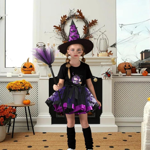 Costum vrăjitoare Halloween fete, Fustă tutu mov-negru, Pălărie și mătură, Set complet cosplay cu tatuaje temporare, Marime M, 4–6 ani [4]