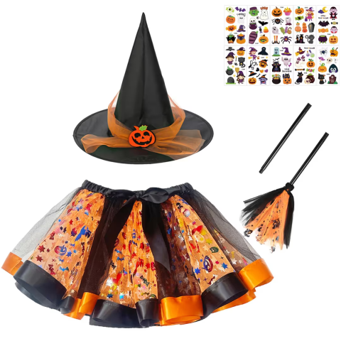 Costume Carnaval - costum-vrajitoare-fete-portocaliu-negru-halloween-set-complet