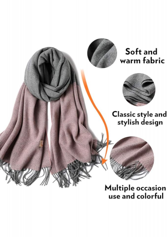 Esarfa tip pashmina STORY OF SHANGHAI pentru femei, calduroasa, eleganta si versatila, cu franjuri decorative, 194x67 cm, gri/roz [3]