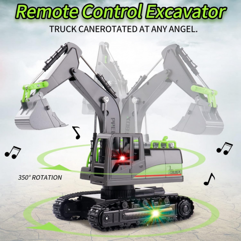 Excavator cu telecomanda RC, Cupa Metalica,  lumini si sunete, scara 1/14 2.4Ghz, rotatie 360, jucarie ideala pentru baieti 4-12 ani, PREBOX, negru/verde [4]