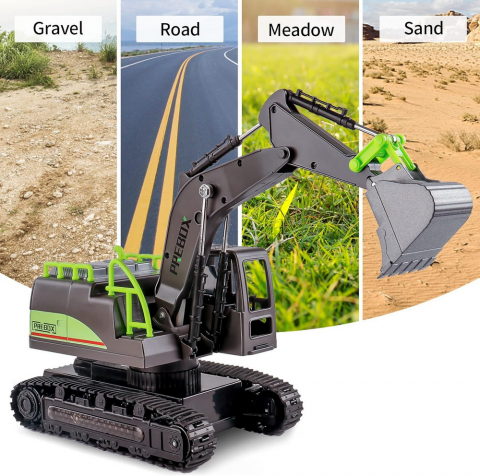 Excavator cu telecomanda RC, Cupa Metalica,  lumini si sunete, scara 1/14 2.4Ghz, rotatie 360, jucarie ideala pentru baieti 4-12 ani, PREBOX, negru/verde [5]